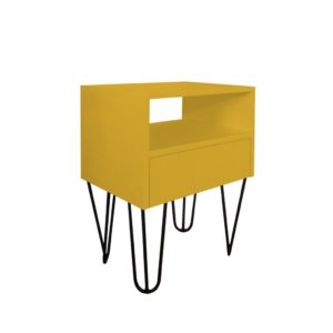 Mesa de Cabeceira Lateral Nicho com Gaveteiro Pés Hairpin Legs Estilo Industrial Amarelo Laca