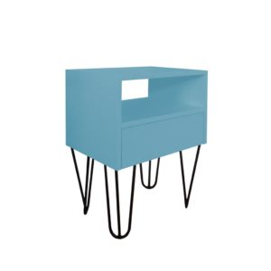 Mesa de Cabeceira Lateral Nicho com Gaveteiro Pés Hairpin Legs Estilo Industrial Azul Laca