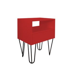 Mesa de Cabeceira Lateral Nicho com Gaveteiro Pés Hairpin Legs Estilo Industrial Vermelho Laca