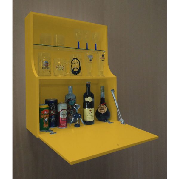 Adega Mini Bar Armário Suspenso para Bebidas Copos e Taças Porta Basculante Amarelo Laca