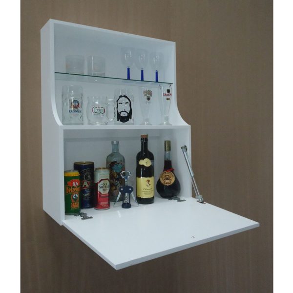 Adega Mini Bar Armário Suspenso para Bebidas Copos e Taças Porta Basculante Branco Laca