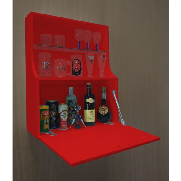 Adega Mini Bar Armário Suspenso para Bebidas Copos e Taças Porta Basculante Vermelho Laca
