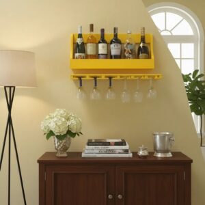 Porta Taças e Prateleira Adega Decorativa para Vinhos Garrafas Bares – Amarelo Laca
