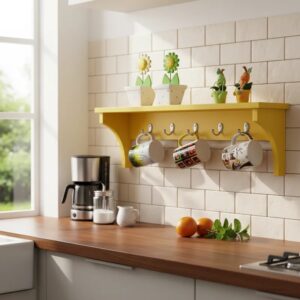 Prateleira Cabideiro Suporte Porta Canecas Utensílios de Cozinha Mochilas Bolsas – Amarelo Laca