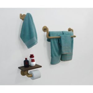 Kit Acessórios para Banheiro Conjunto 3 peças Porta Toalhas Papel Cabideiro Dourado Laca
