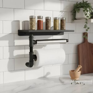Suporte de Parede Porta Papel Toalhas e Prateleira para Temperos Estilo Industrial Cozinha Preto Laca