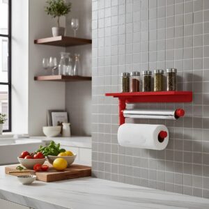 Suporte de Parede Porta Papel Toalhas e Prateleira para Temperos Estilo Industrial Cozinha Vermelho Laca