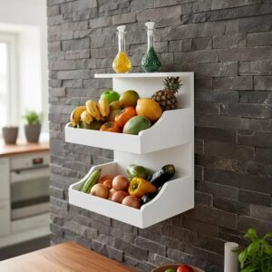 Fruteira Suspensa de Parede com Painel Porta Legumes Cozinha em Madeira Branco Laca
