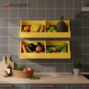 Fruteira Suspensa de Parede Prateleira Porta Legumes Cozinha em Madeira Amarelo Laca