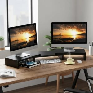 Suporte de Mesa Base Elevada Ajustável 3 Monitores Gamer Notebook Preto