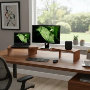 Suporte de Mesa Base Elevada Ajustável 3 Monitores Gamer Notebook Madeira Natural