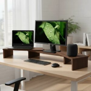 Suporte de Mesa Base Elevada Ajustável 3 Monitores Gamer Notebook Madeira Versati